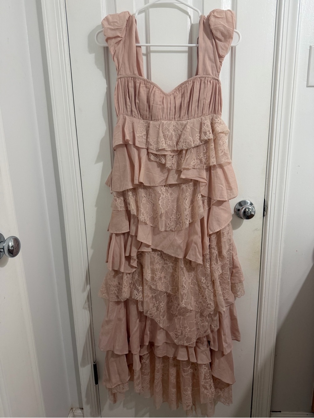 NWT! Anthropologie Layered Ruffle Lace High-Low Dress in Blush Pink